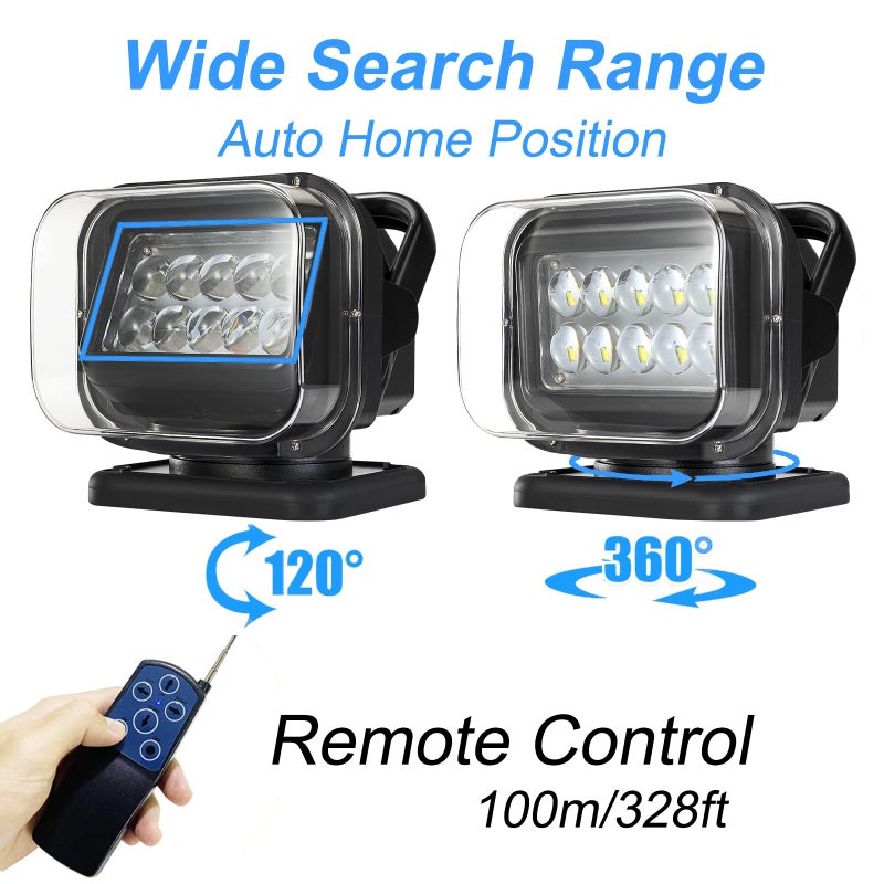 Niceky LED Spotlight for Truck,Remote LED Search Light Auto-Reset 360 Rotating Boat Spot Light for Marine Offroad Pickup SUV UTV Hunting Go Outdoor,6 Strong Magnets 50W 5000lm 12V 24V (Black) - Image 2