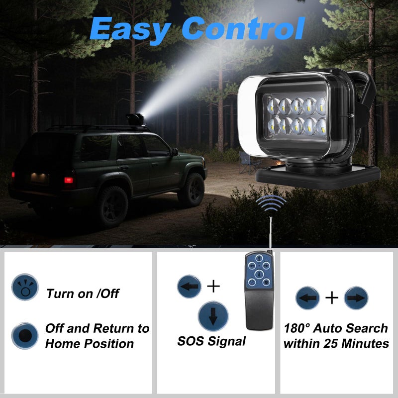 Niceky LED Spotlight for Truck,Remote LED Search Light Auto-Reset 360 Rotating Boat Spot Light for Marine Offroad Pickup SUV UTV Hunting Go Outdoor,6 Strong Magnets 50W 5000lm 12V 24V (Black) - Image 4