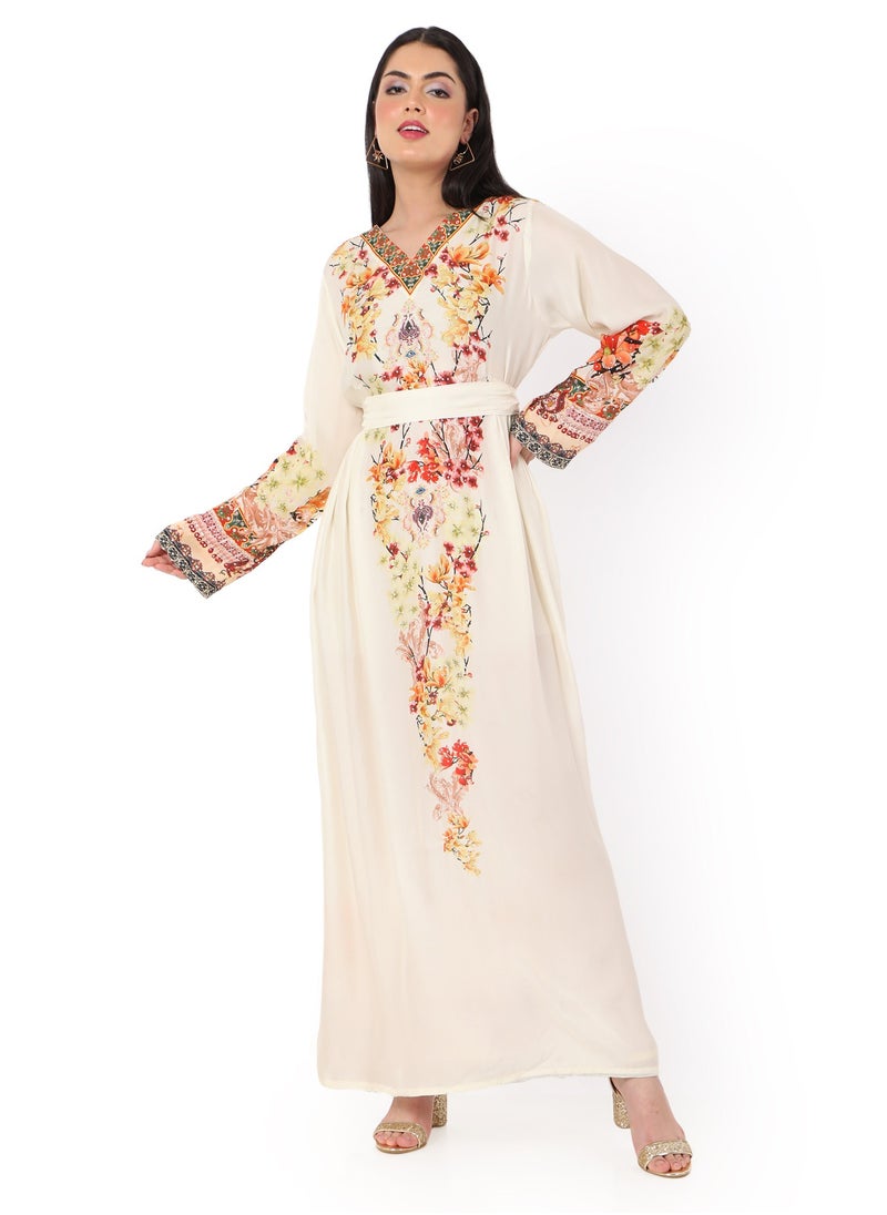 HANA & SARA - LONG FLORAL PRINTED CREPE STYLISH SMALL STONE WORK ARABIC KAFTAN JALABIYA DRESS - Image 1