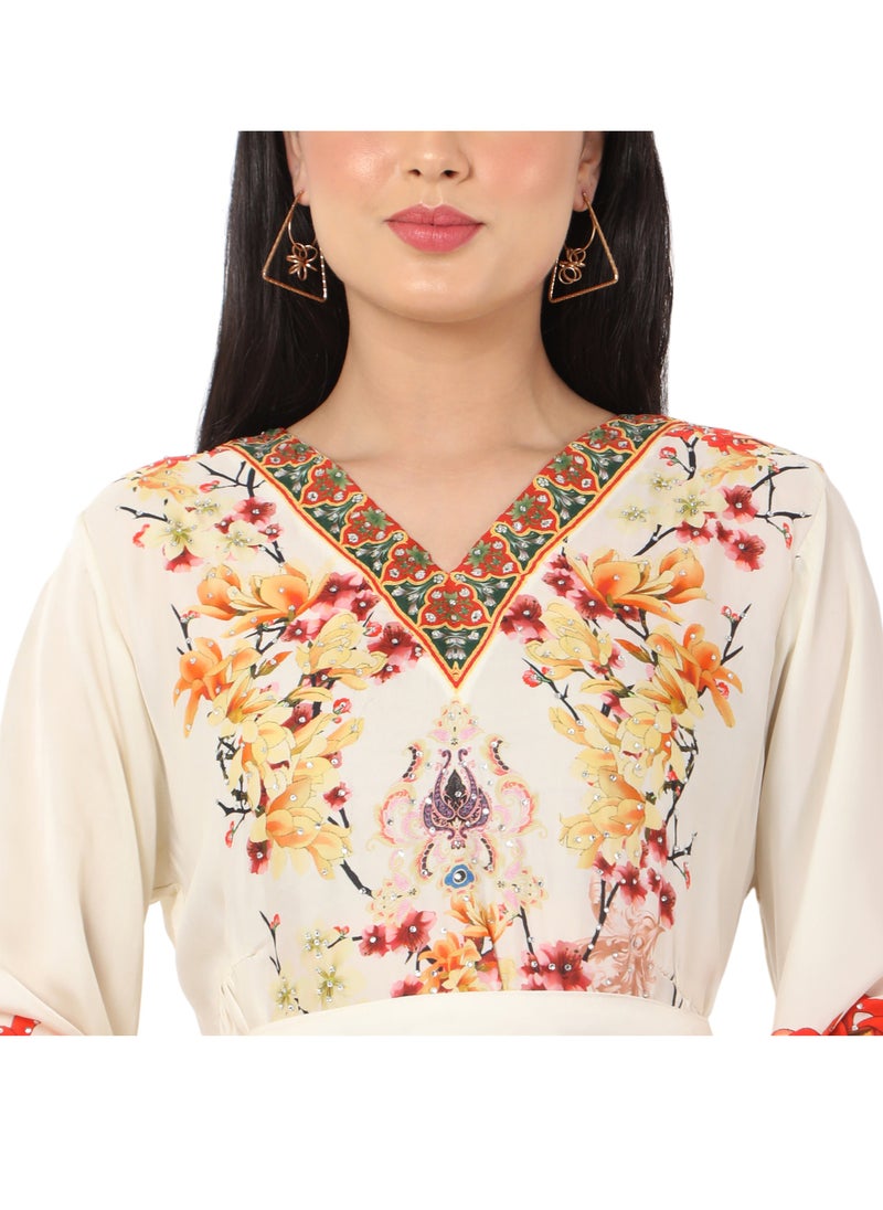 HANA & SARA - LONG FLORAL PRINTED CREPE STYLISH SMALL STONE WORK ARABIC KAFTAN JALABIYA DRESS - Image 1