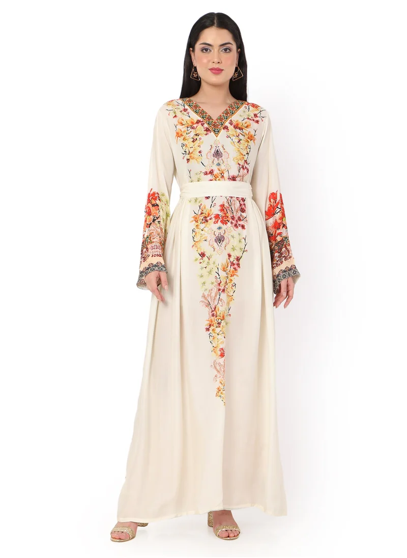 HANA & SARA LONG FLORAL PRINTED CREPE STYLISH SMALL STONE WORK ARABIC KAFTAN JALABIYA DRESS