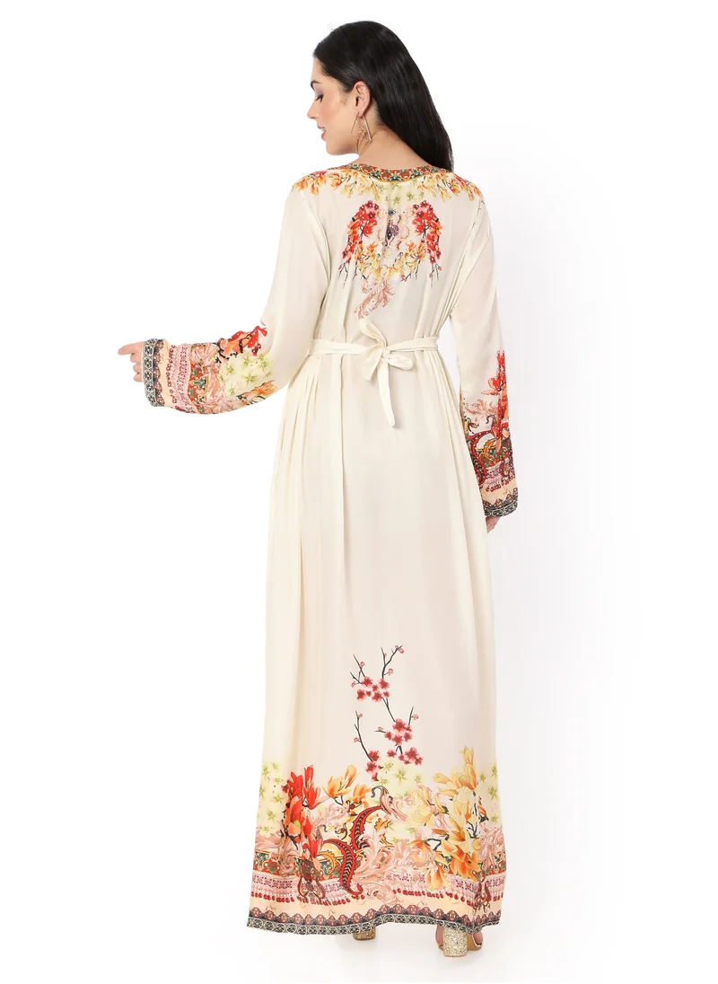 هانا آند سارا LONG FLORAL PRINTED CREPE STYLISH SMALL STONE WORK ARABIC KAFTAN JALABIYA DRESS