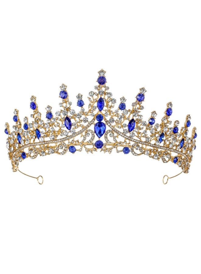 SAMKY Gold Bridal Wedding Tiara Blue Rhinestone Crown Crystal Headpiece Bride'S Hair Accessories - Image 1