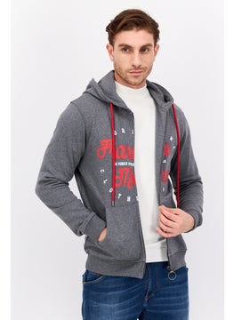 Men Hood With Drawstring Long Sleeve Brand Logo Sweatshirts, Grey