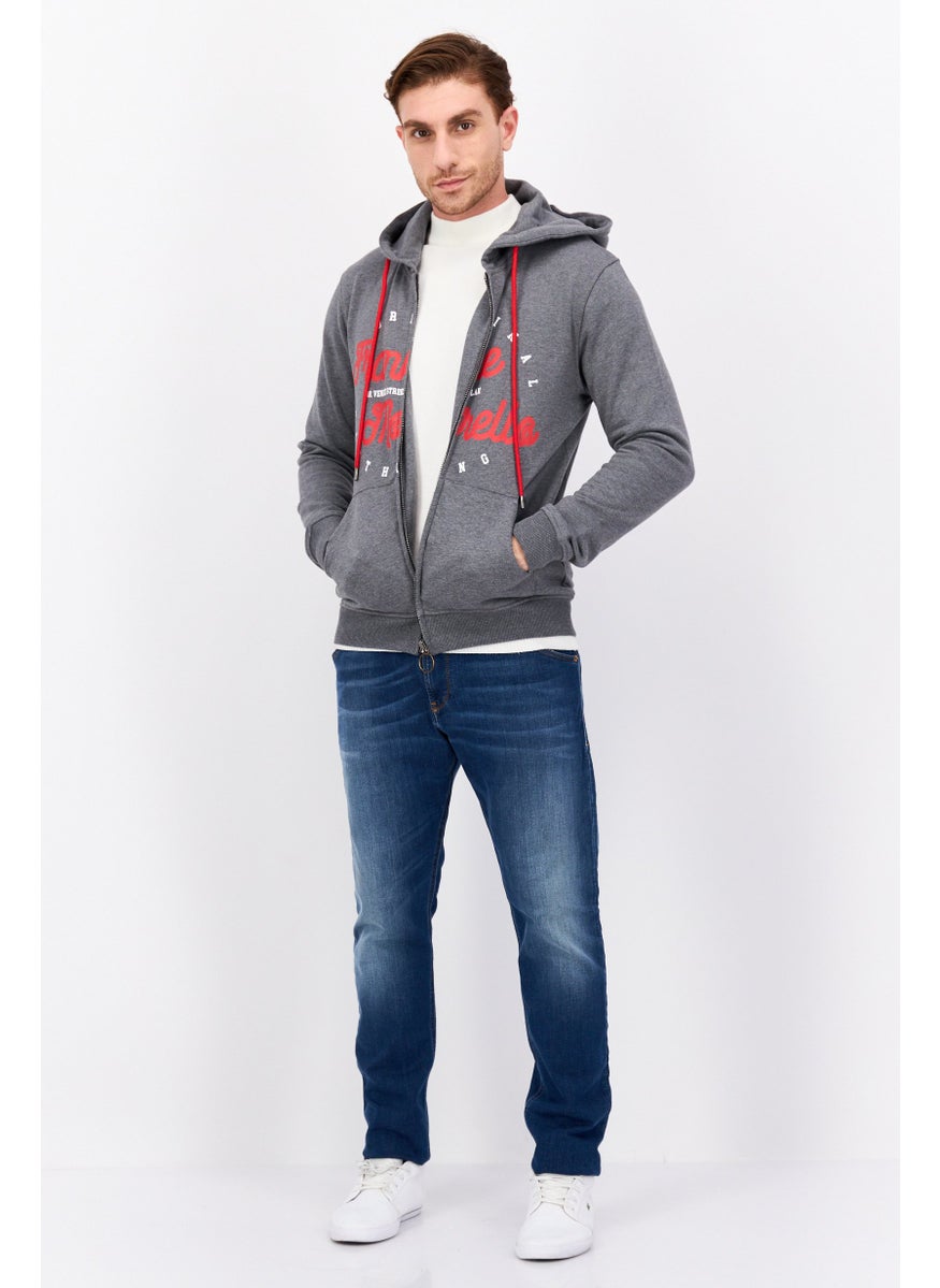frankie morello - Men Hood With Drawstring Long Sleeve Brand Logo Sweatshirts, Grey - Image 1