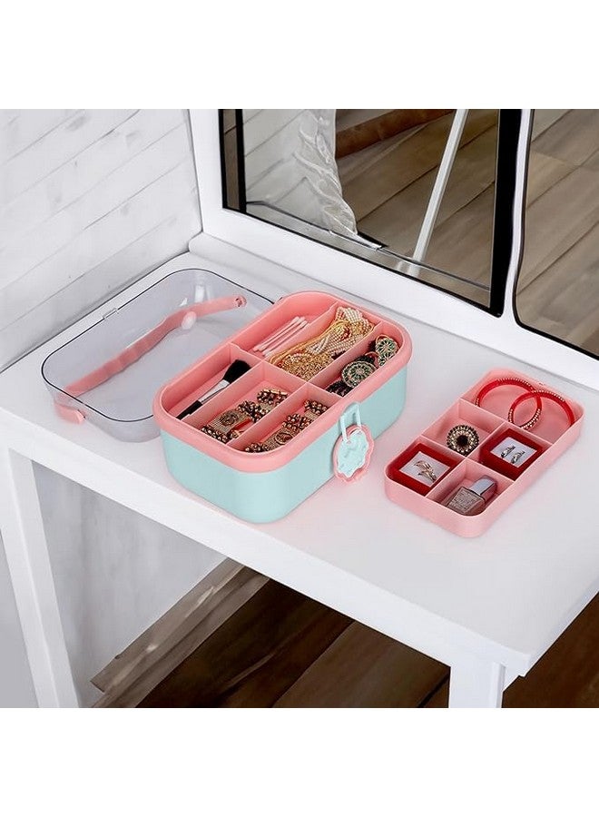 TRADY 2 Layer Hair Accessories Cosmetic Bag,Heart Cosmetic Containers Box, Trendy Makeup Box, Designs Functional Handle Portable Storage Solutions Compact Cosmetic Cases, Travel-Friendly (Pista) - Image 5