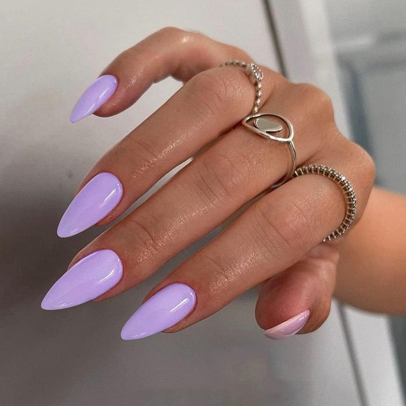 KQueenest Light Purple Press on Nails Medium Stiletto Almond,KQueenest Pure Color Acrylic Nails Kit Reusable Fake Nails with Feature Protective UV Coating for Women Nail Art Manicure in 24PCS - Image 2