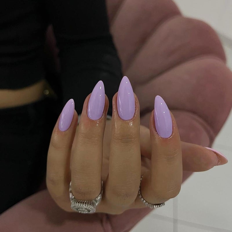 KQueenest Light Purple Press on Nails Medium Stiletto Almond,KQueenest Pure Color Acrylic Nails Kit Reusable Fake Nails with Feature Protective UV Coating for Women Nail Art Manicure in 24PCS - Image 1