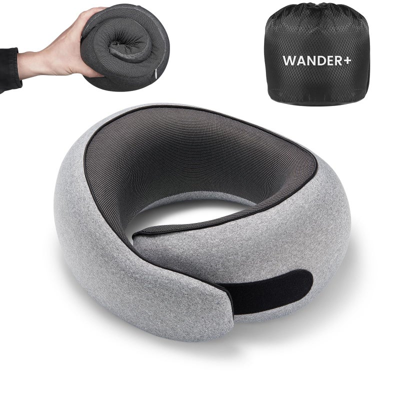 WANDER PLUSÂ® Travel Pillow, 100% Pure Memory Foam Travel Neck Pillow Airplane Neck Support Ergonomic Design Best for Sleeping Plane Car Train Office Flight for Adults Grey - Image 1