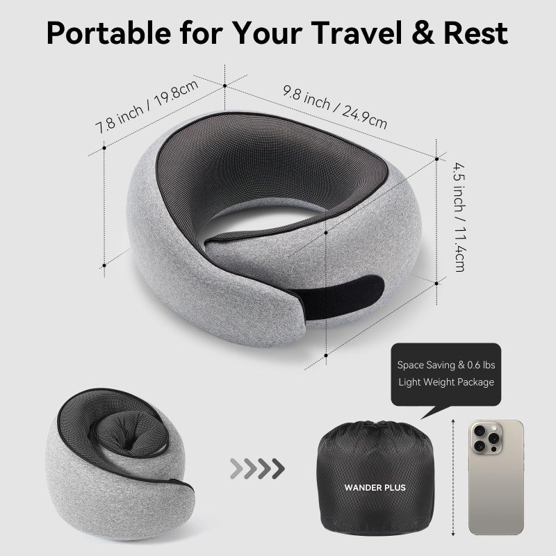 WANDER PLUSÂ® Travel Pillow, 100% Pure Memory Foam Travel Neck Pillow Airplane Neck Support Ergonomic Design Best for Sleeping Plane Car Train Office Flight for Adults Grey - Image 4