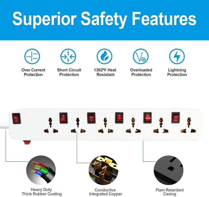 TECH-X TECHX 13 Feet Long Extension Board Extension Box Spike Guard 6 Socket 6 Switch Junction Box with Switch Extension Cords Cord Spike Buster Extension Board with Long Wire Surge Protectors - Image 2