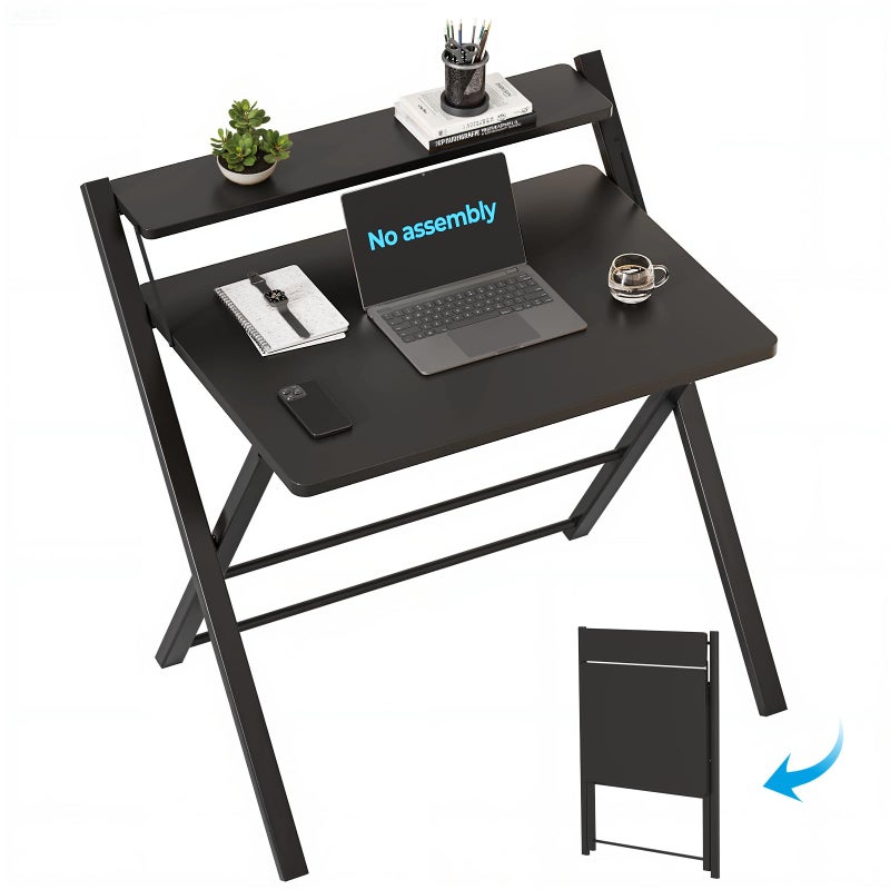 GreenForest No Assembly Folding Desk, 2-Tier Compact Computer Desk with Shelf, Space Saving Foldable Table for Home Office, Dorm or Apartment, Portable Collapsible Sturdy Laptop Desk, Black - Image 1