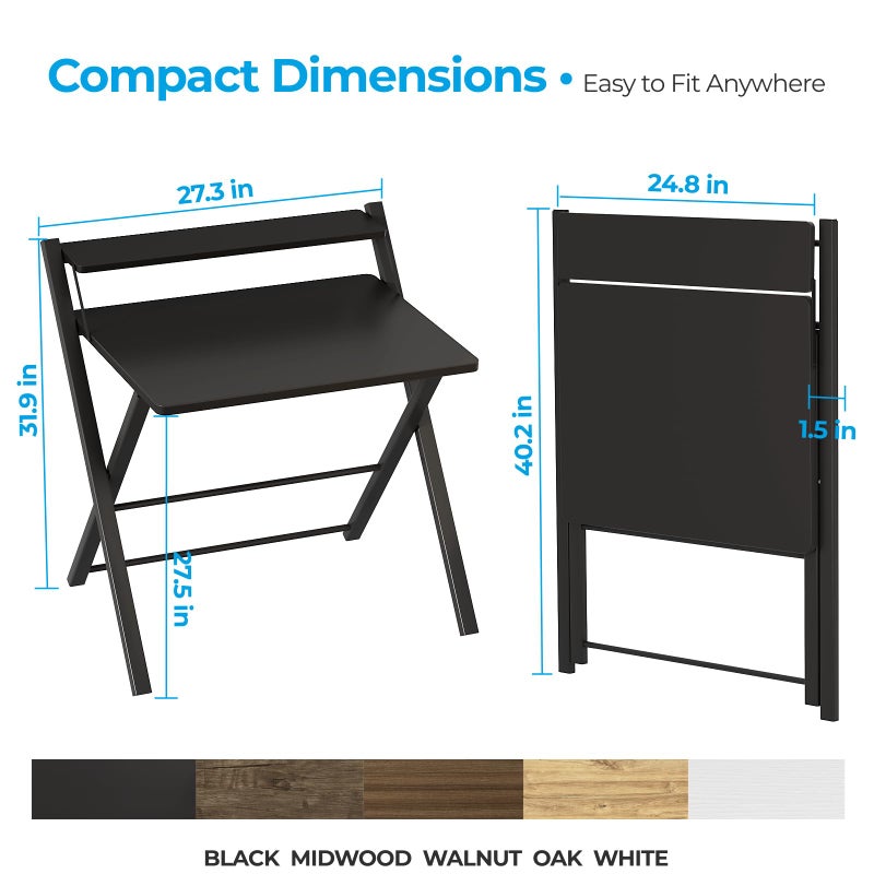 GreenForest No Assembly Folding Desk, 2-Tier Compact Computer Desk with Shelf, Space Saving Foldable Table for Home Office, Dorm or Apartment, Portable Collapsible Sturdy Laptop Desk, Black - Image 2