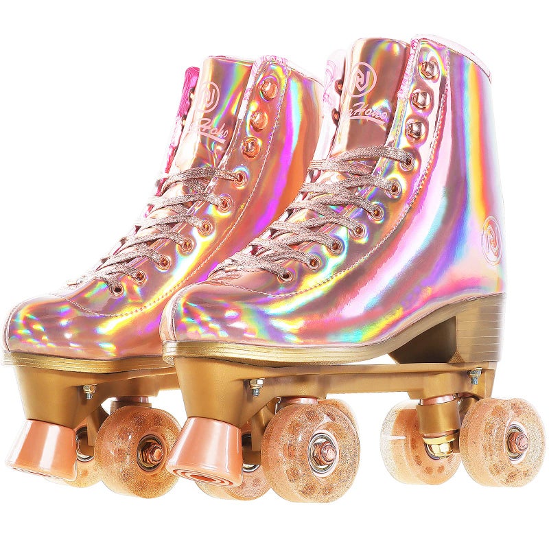 JajaHoho Roller Skates for Women Holographic High Top PU Leather Rollerskates Shiny DoubleRow Four Pink Glitter Wheels Quad Skates for Girls and Age 850 Indoor Outdoor Size 10 Rose Gold
