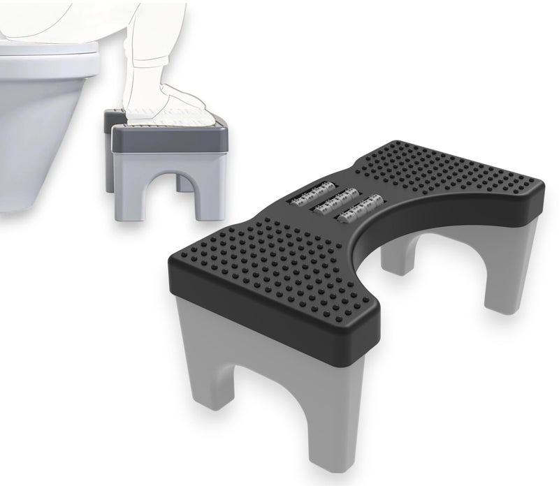 TechHark® Polypropylene (PP) Perfect Posture Bathroom Toilet Step Stool with Massage Rollers, 18 cm Height, Foldable Design, (Grey and Black) - Image 1