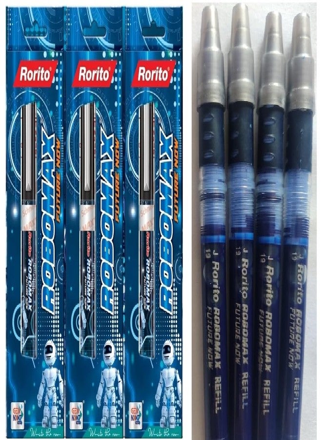 FIRST CLICK R0rito Robomax Blue Roller Pens Set of 3 Pens and 4 Refills Hovertech Tip, Waterproof Ink with Refill by Jumbo Refills, Technology from Tech Snieder Germany. - Image 1