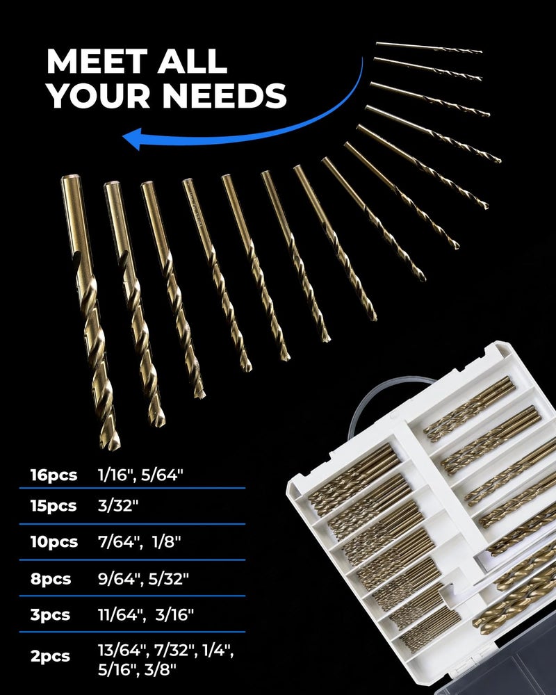 toolant 99Pcs Drill Bit Set,Cobalt Drill Bits Index for Hardened Metal,Stainless Steel,Plastics, Wood,Titanium Twist Jobber Drill Bits Bulk 1/16"-3/8", with Plastic Index Storage Case - Image 4