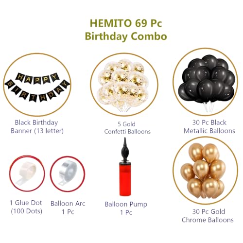 Hemito Rubber Birthday Decoration Kit 69 Pieces - Gold Black Balloons With Birthday Banner, Glue Dot, Arc, Confetti Balloons with Balloon Pump for Boys Kids Baby Birthday Decoration Items - Image 2