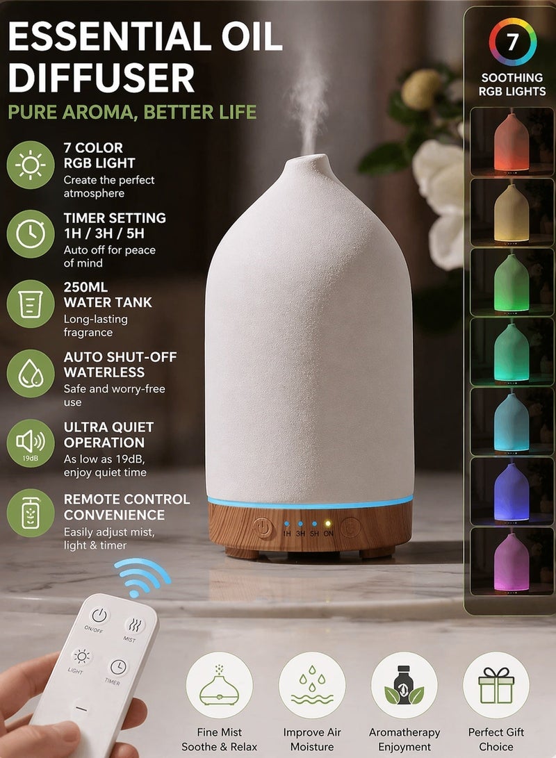 Ump Ceramic Essential Oil Diffuser, 250ML Ultrasonic Aroma Diffuser with Remote Control, Smart Fragrance Diffuser, 7 Color RGB Night Light, Ultra Quiet Cool Mist Humidifier, Auto Shut-Off, Wood Grain Base, Timer, Aromatherapy for Bedroom Home Office, （White） - Image 2
