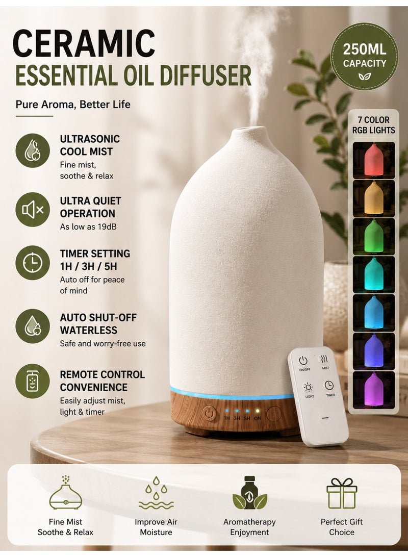 Ump Ceramic Essential Oil Diffuser, 250ML Ultrasonic Aroma Diffuser with Remote Control, Smart Fragrance Diffuser, 7 Color RGB Night Light, Ultra Quiet Cool Mist Humidifier, Auto Shut-Off, Wood Grain Base, Timer, Aromatherapy for Bedroom Home Office, （White） - Image 1