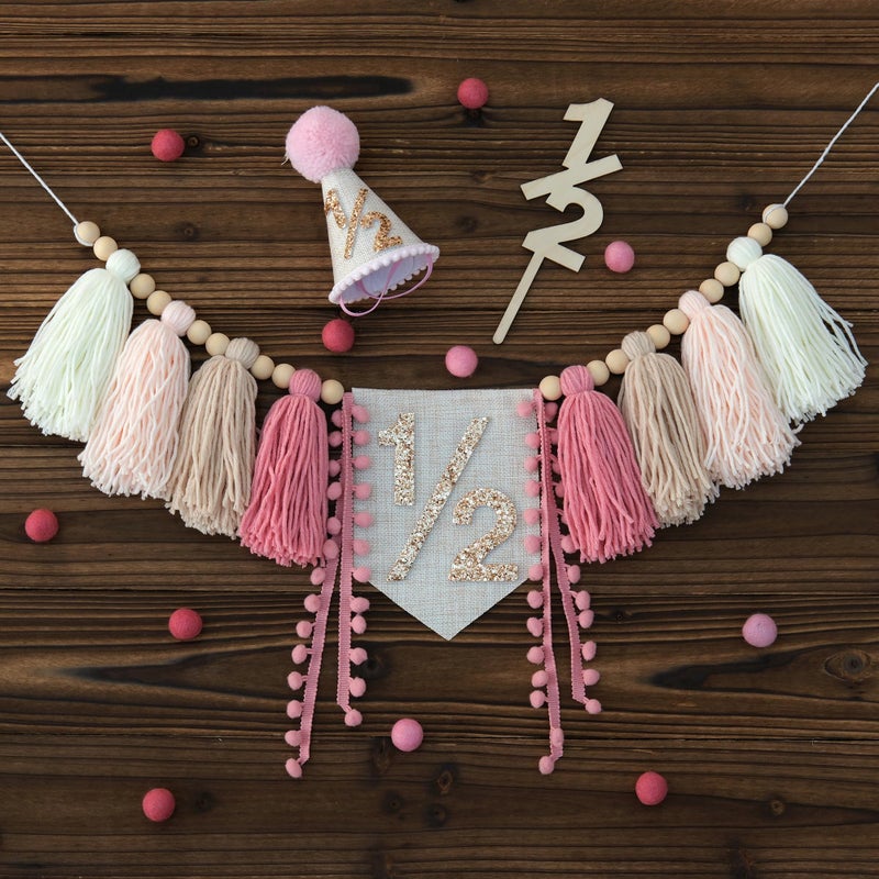 HODIHIWI 1/2 Pink Baby Girl Birthday Highchair Banner Wood Bead Tassel Garland Half Birthday Conical Cap Wooden Cake Topper Happy Half Year Party Photoshoot Props - Image 3