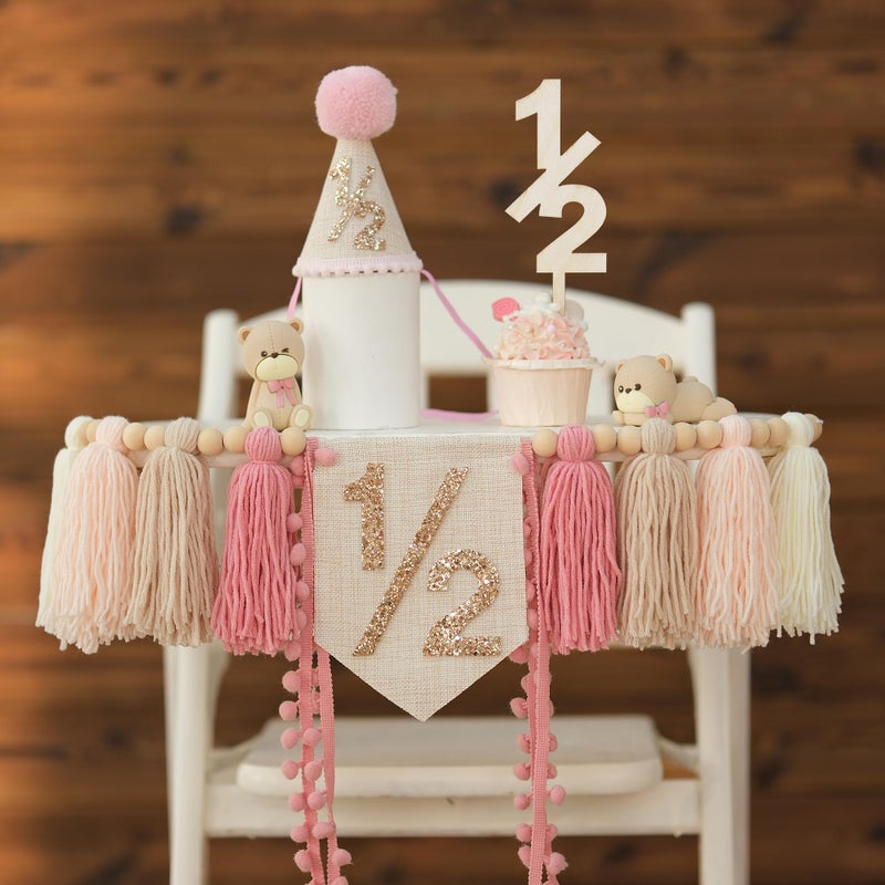 HODIHIWI 1/2 Pink Baby Girl Birthday Highchair Banner Wood Bead Tassel Garland Half Birthday Conical Cap Wooden Cake Topper Happy Half Year Party Photoshoot Props - Image 2