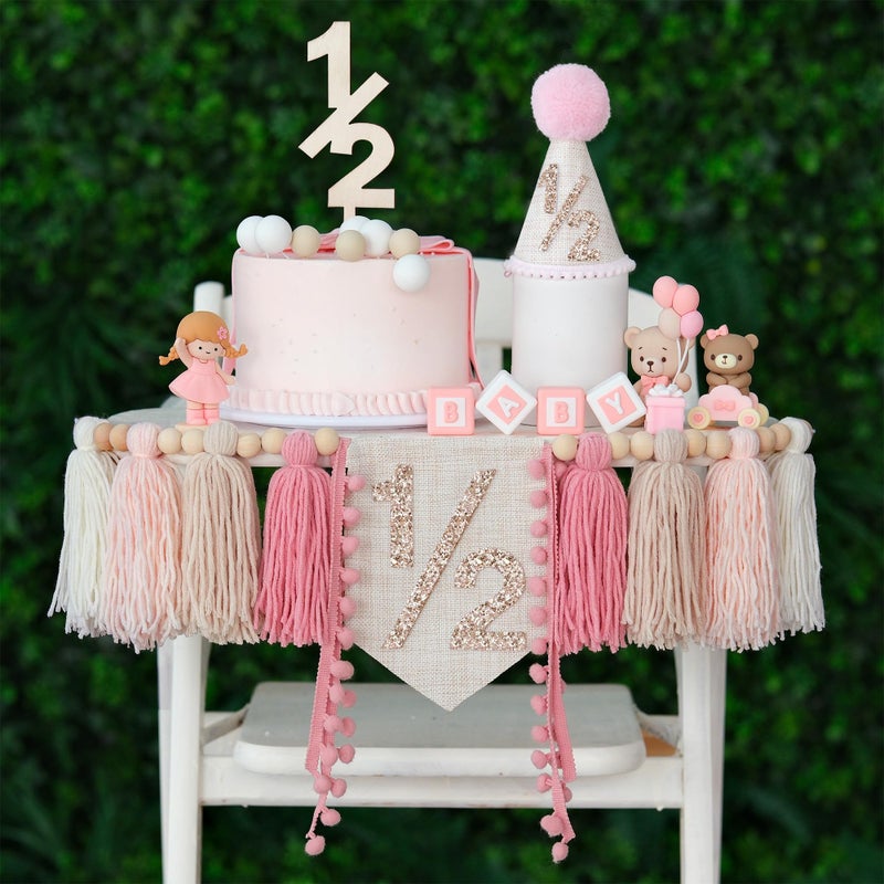 HODIHIWI 1/2 Pink Baby Girl Birthday Highchair Banner Wood Bead Tassel Garland Half Birthday Conical Cap Wooden Cake Topper Happy Half Year Party Photoshoot Props - Image 1