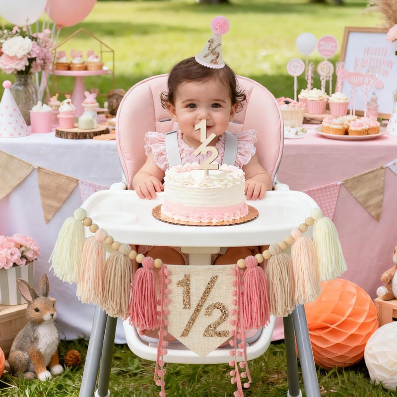 HODIHIWI 1/2 Pink Baby Girl Birthday Highchair Banner Wood Bead Tassel Garland Half Birthday Conical Cap Wooden Cake Topper Happy Half Year Party Photoshoot Props - Image 5