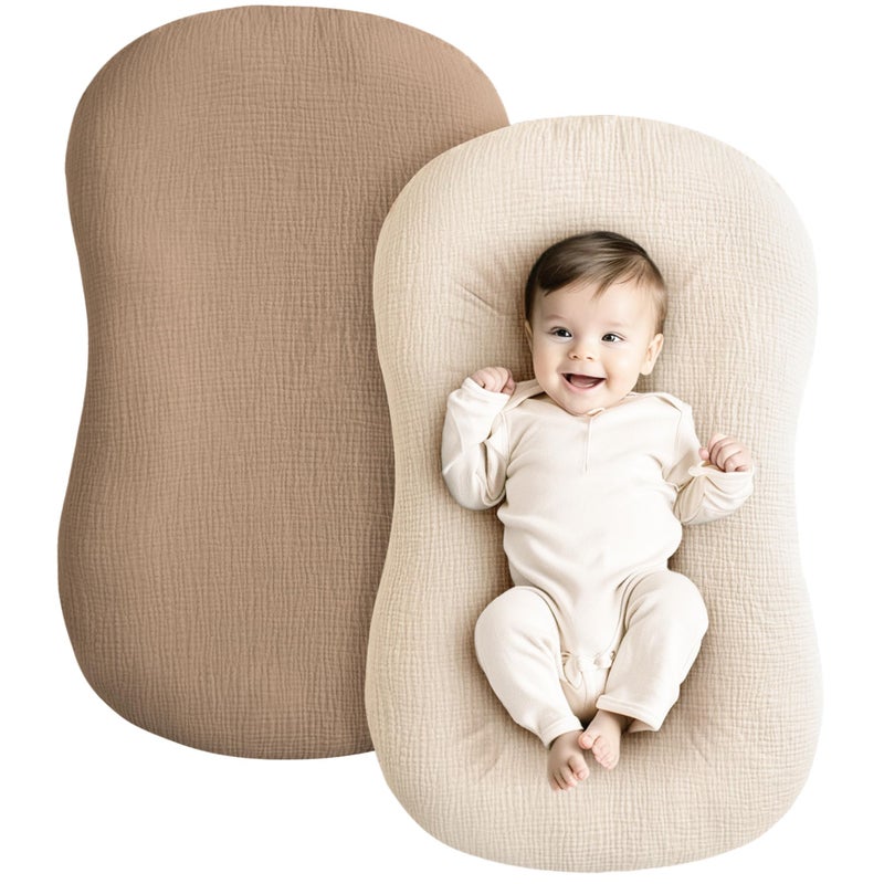 Konssy Muslin Baby Lounger Cover 2 Pack 100 Cotton Newborn Lounger Cover Soft and Breathable Baby Nest Slipcover for Boys Girls BrownWheat