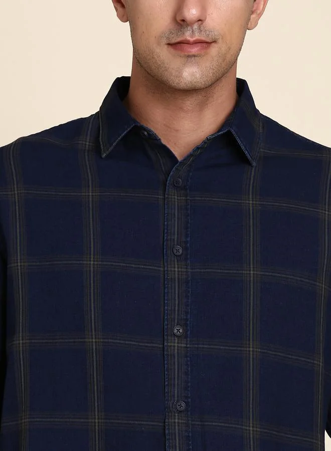 Dennis Lingo Green Slim Fit Checks Shirt for Men - Cotton, Full Sleeves, Spread Collar, Casual,