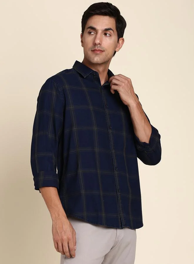 Dennis Lingo Green Slim Fit Checks Shirt for Men - Cotton, Full Sleeves, Spread Collar, Casual,