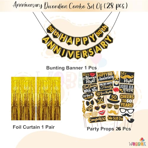 Wobbox Happy Anniversary Bunting Banner Black & Golden Shiny Font 50th Year with Happy Anniversary Party Props & Golden Colour Foil Fringe, Happy Anniversary Decoration Item - Image 2