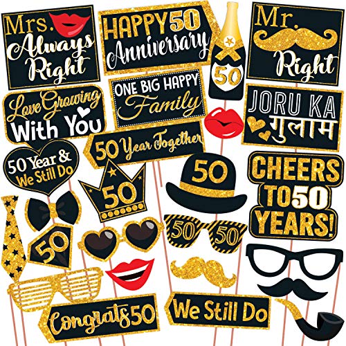 Wobbox Happy Anniversary Bunting Banner Black & Golden Shiny Font 50th Year with Happy Anniversary Party Props & Golden Colour Foil Fringe, Happy Anniversary Decoration Item - Image 4