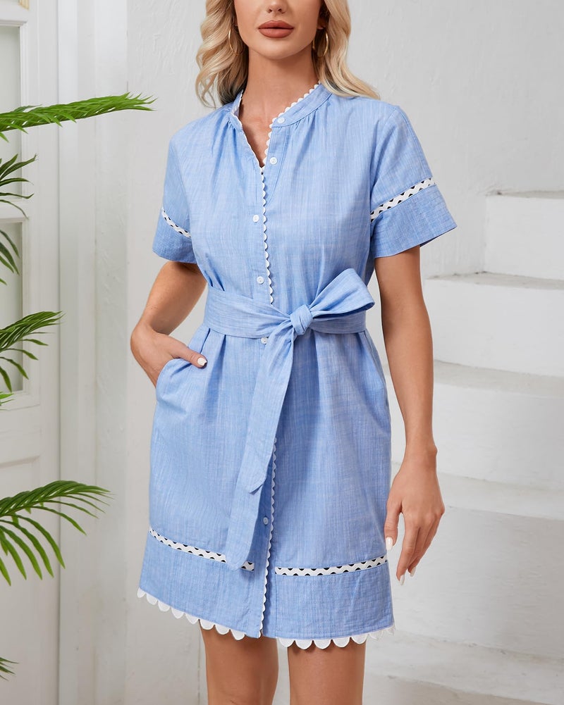 YEXPINE Women's Short Sleeve Summer Shirt Dress Button Down Belted Tunic Mini Dresses RIC Rac Trim Sundress with Pockets(Blue-S) - Image 3