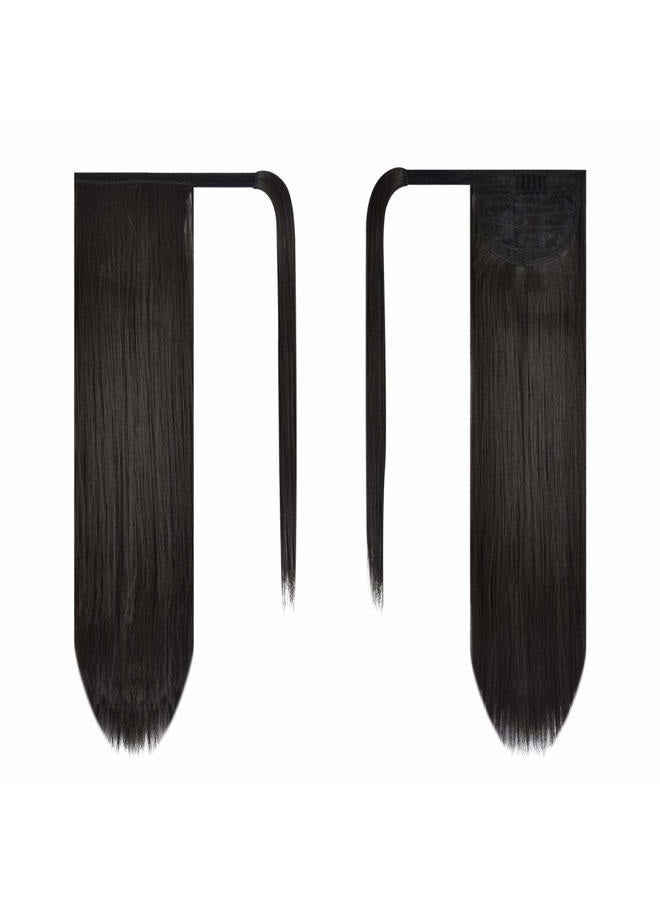 BARSDAR 26 inch Ponytail Extension Long Straight Wrap Around Clip in Synthetic Fiber Hair for Women - Darkest Brown - Image 2