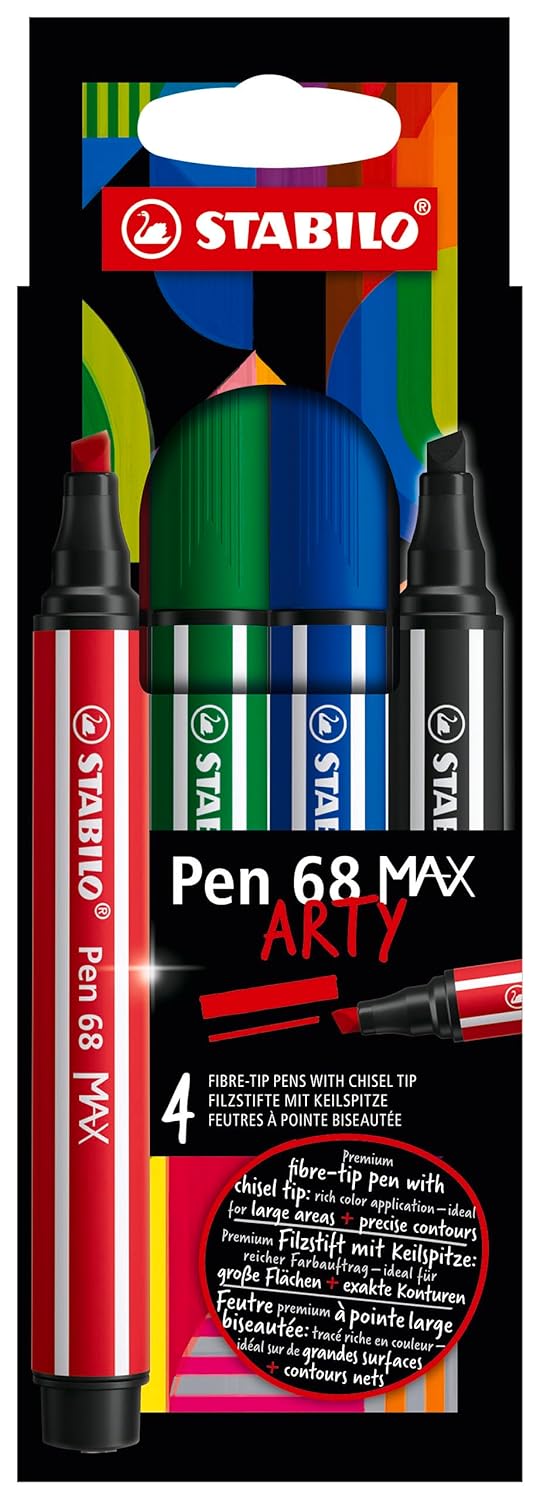 STABILO STABILO Pen 68 MAX - ARTY - Premium Fibre-Tip Pen with Chisel Tip - Pack of 4 - Assorted Colours - Image 1