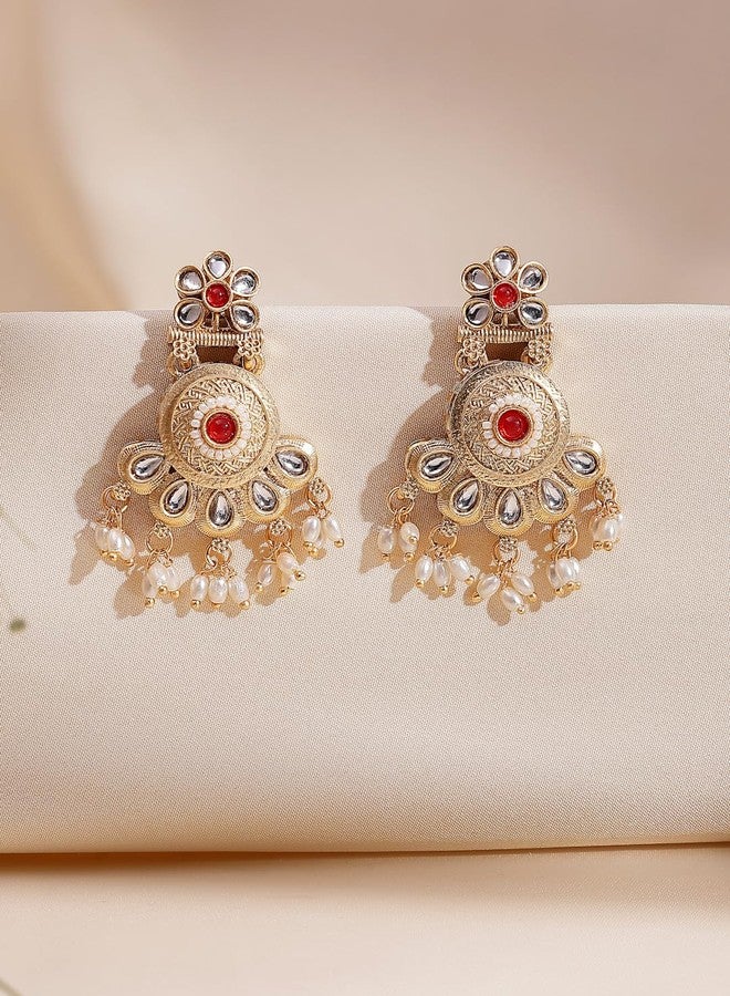 ADIVA 22K Gold-Plated Kundan Stone Studded Studded Pearl Handcrafted Designer Drop Earrings Set for women, Traditional Stylish Jewellery for Girls & Wedding - Image 2
