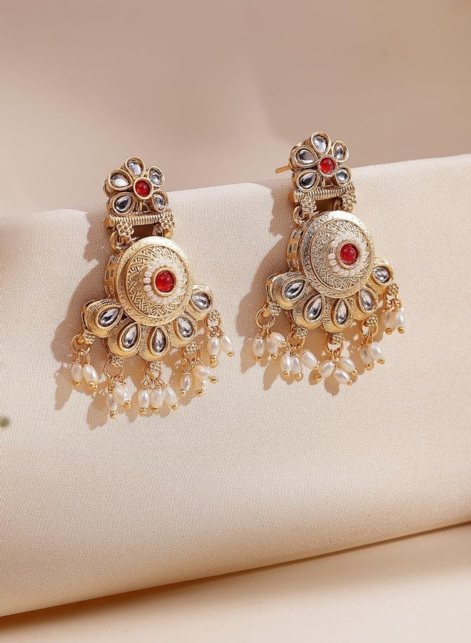 ADIVA 22K Gold-Plated Kundan Stone Studded Studded Pearl Handcrafted Designer Drop Earrings Set for women, Traditional Stylish Jewellery for Girls & Wedding - Image 4