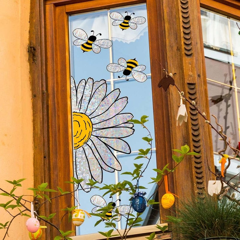 Blync 5pcs Spring Summer Bee Sunflower Window Stickers, Double-Side Glass Decals Shiny Rainbow Prism Window Clings for Mirror Glass Display Shop Office School Supplies Reusable - Image 2
