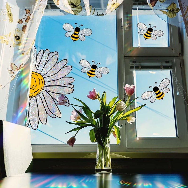 Blync 5pcs Spring Summer Bee Sunflower Window Stickers, Double-Side Glass Decals Shiny Rainbow Prism Window Clings for Mirror Glass Display Shop Office School Supplies Reusable - Image 3