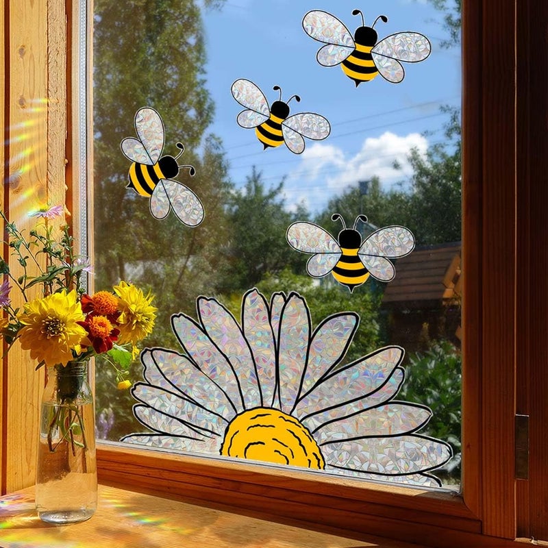 Blync 5pcs Spring Summer Bee Sunflower Window Stickers, Double-Side Glass Decals Shiny Rainbow Prism Window Clings for Mirror Glass Display Shop Office School Supplies Reusable - Image 4