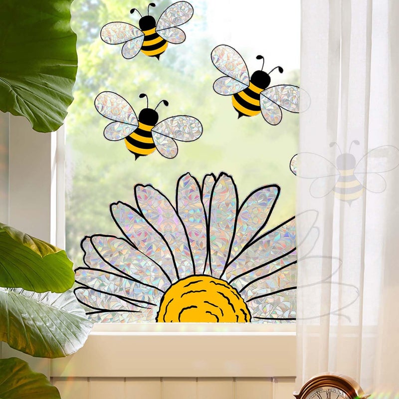 Blync 5pcs Spring Summer Bee Sunflower Window Stickers, Double-Side Glass Decals Shiny Rainbow Prism Window Clings for Mirror Glass Display Shop Office School Supplies Reusable - Image 1