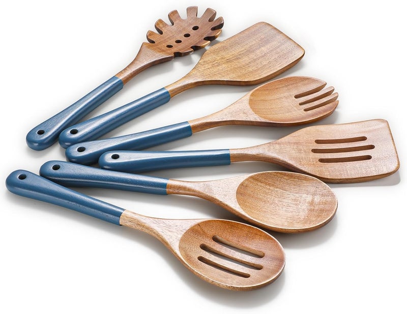 ROSOS Wooden Spoons For Cooking, 6 PCS Natural Acacia Wooden Cooking Utensils or Non-Stick Wooden Kitchen Utensil Set for Kitchen Essentials, Smooth Grip Wooden Cooking Spoons with Hanging Hole, Blue - Image 1