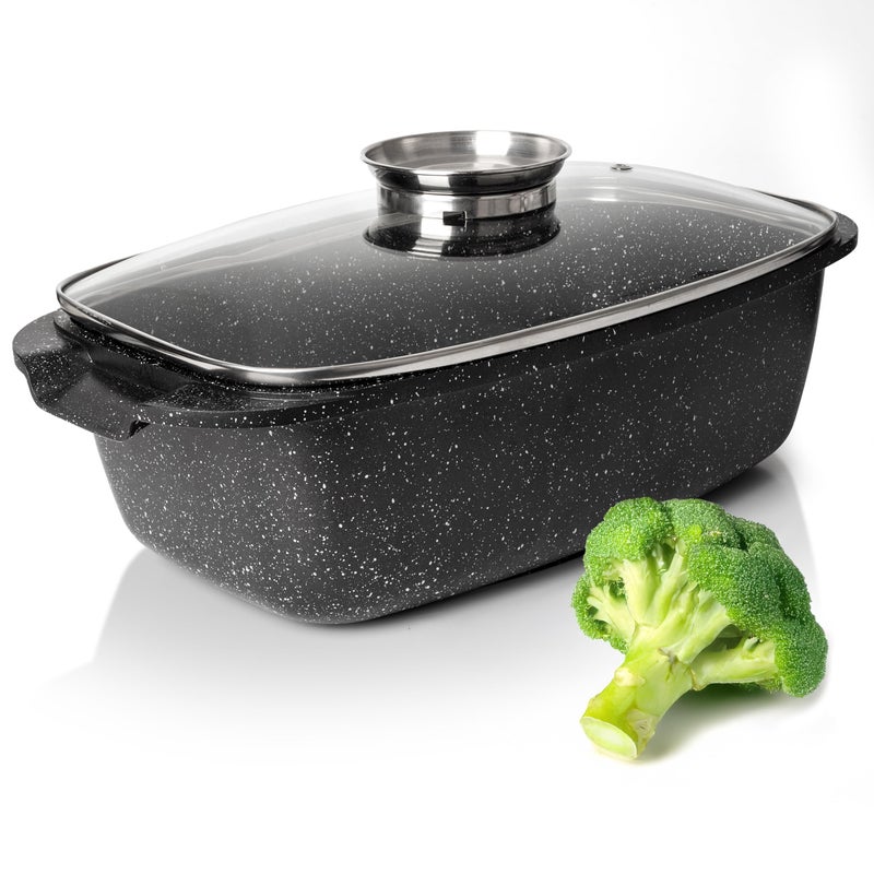 Moss & Stone 6 Quart Oval Roaster Pot with Lid, 12"x8.3" Die Cast Aluminum Chicken Roaster, Induction, Gas & Ceramic Cooktop Compatible, Hard Anodized Nonstick Roasting Pan With Lid, Oven Safe - Image 1