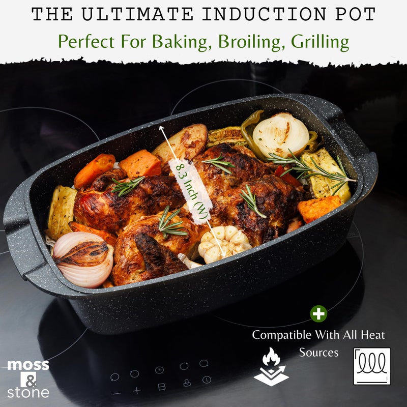 Moss & Stone 6 Quart Oval Roaster Pot with Lid, 12"x8.3" Die Cast Aluminum Chicken Roaster, Induction, Gas & Ceramic Cooktop Compatible, Hard Anodized Nonstick Roasting Pan With Lid, Oven Safe - Image 5