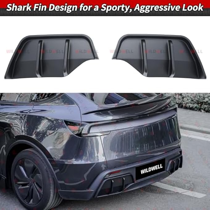 WildWell Rear Bumper Diffuser Lip Compatible with 2025-2026 Tesla Model Y Juniper, Model Y Rear Diffuser with Shark Fin Design PP Material Matte Black - Image 3