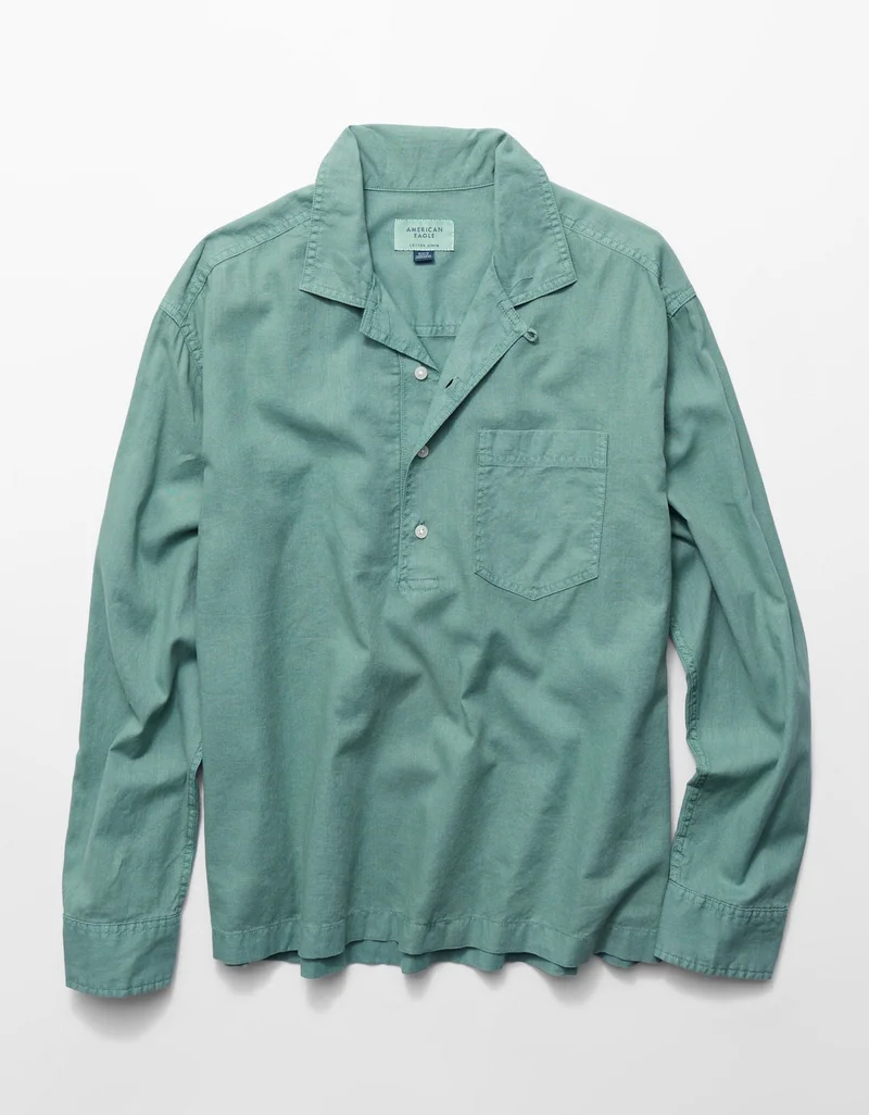 American Eagle  AE Relaxed Fit Linen-Blend Popover Shirt for Men | Best Price UAE