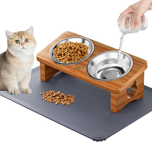 INNVVIS Elevated Cat Bowls with Silicone Mat 15 Tilted Solid Wood Stand Raised Stainless Steel Food Water Dishes for Cats and Small Dogs AntiVomiting DesignTeak - Image 1