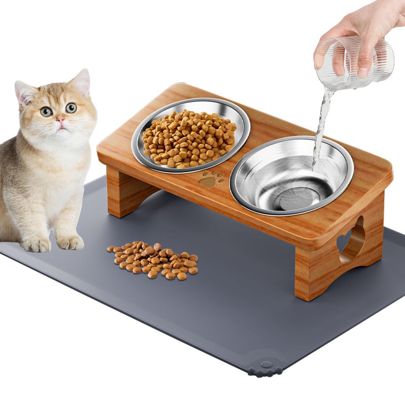 INNVVIS Elevated Cat Bowls with Silicone Mat 15 Tilted Solid Wood Stand Raised Stainless Steel Food Water Dishes for Cats and Small Dogs AntiVomiting DesignTeak - Image 2