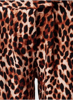 trendyol Brown Leopard Patterned High Waist Pleated Wide Leg Trousers with Velcro Belt TWOAW24PL00177  - Image 3